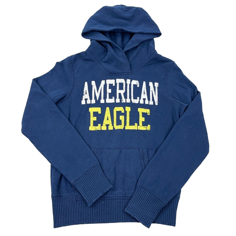 Vintage Y2K American Eagle Hoodie Women Small Blue Spellout Sweatshirt AE77 *